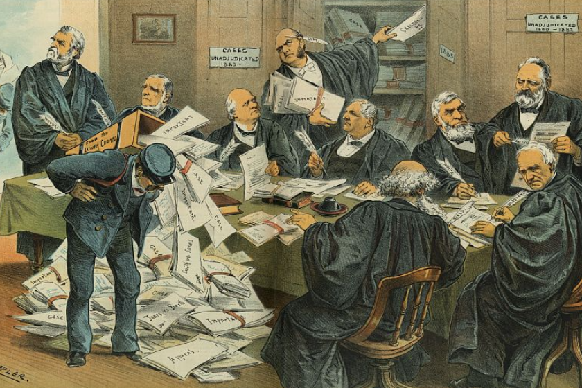 political cartoon - overworked supreme court; room of men busy at work