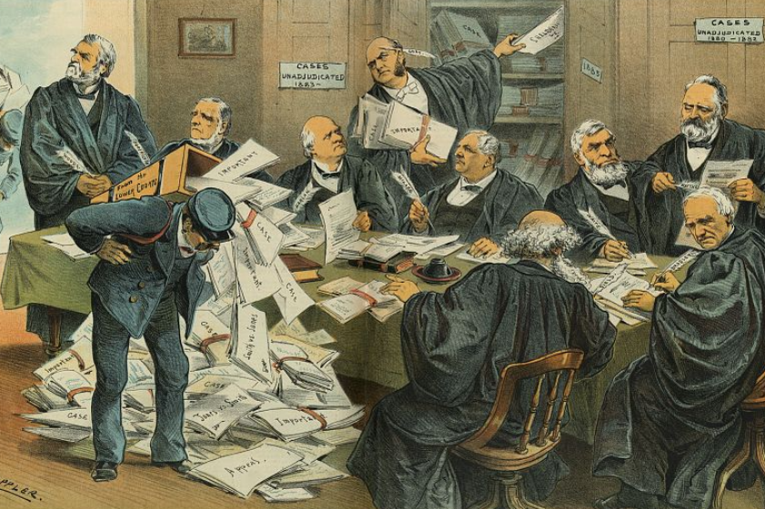 political cartoon - overworked supreme court; room of men busy at work