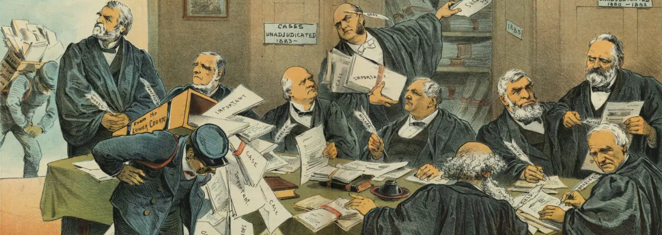 political cartoon - overworked supreme court; room of men busy at work